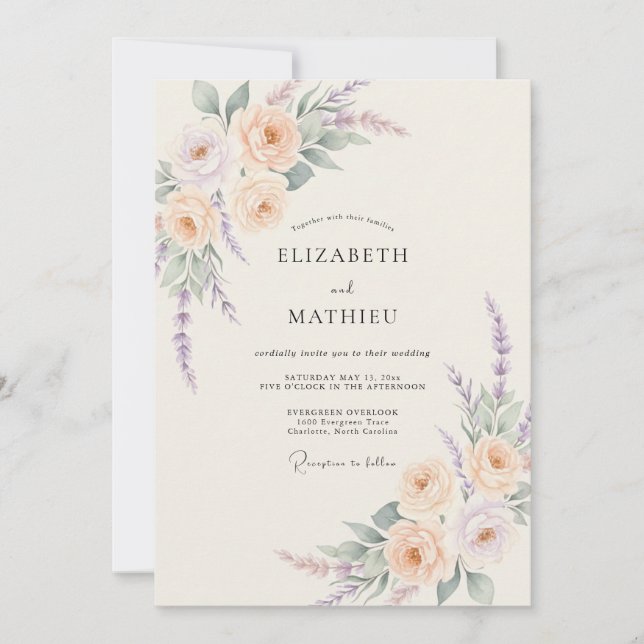 Invitation Fleurissement de mariage lavande pêche (Devant)