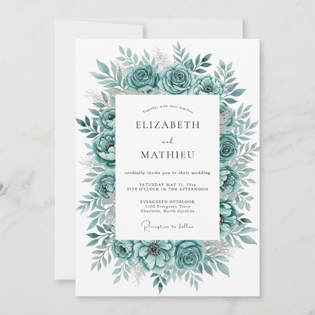 Invitation Fleurissement de Teal Mariage (Devant)