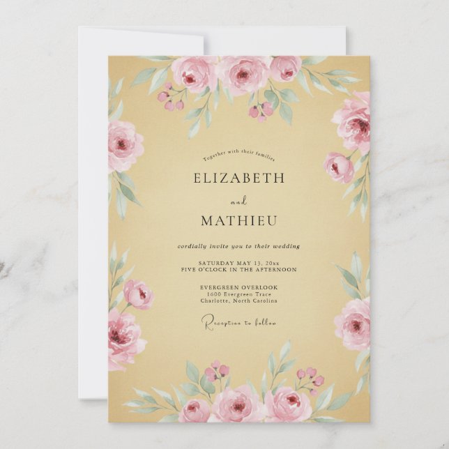 Invitation Fleurissement Romantique de Mariage Rose (Devant)