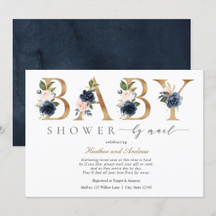 Invitation Fleuron bleu marine et Baby shower d'or par courri