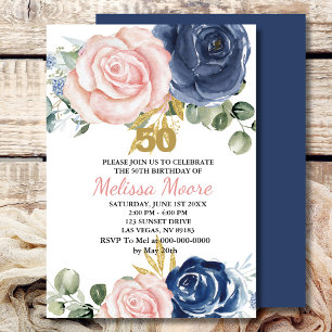 Invitation Fleuron bleu marine rose pâle 50e anniversaire