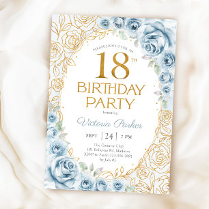 Invitation Fleurs 18e anniversaire bébé bleu or