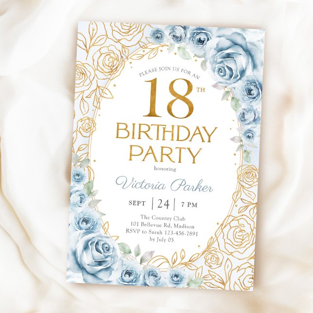 Invitation Fleurs 18e anniversaire bébé bleu or (Créateur téléchargé)