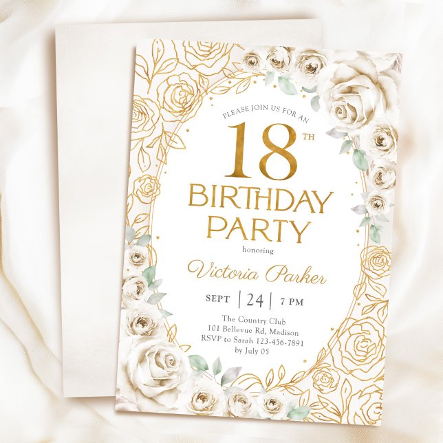 Invitation Fleurs 18e Anniversaire Crème Or (Créateur téléchargé)