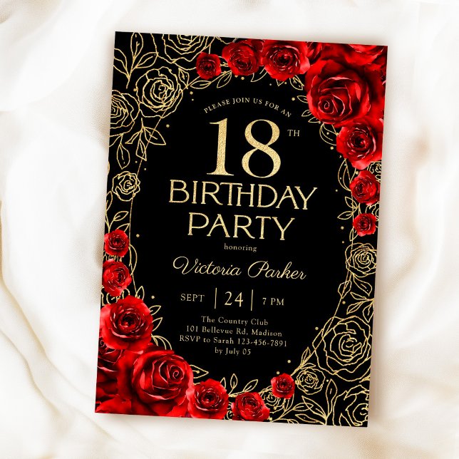 Invitation Fleurs 18e Anniversaire Rouge Noir Or (Créateur téléchargé)