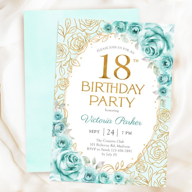 Invitation Fleurs 18e Anniversaire Turquoise Or (Créateur téléchargé)