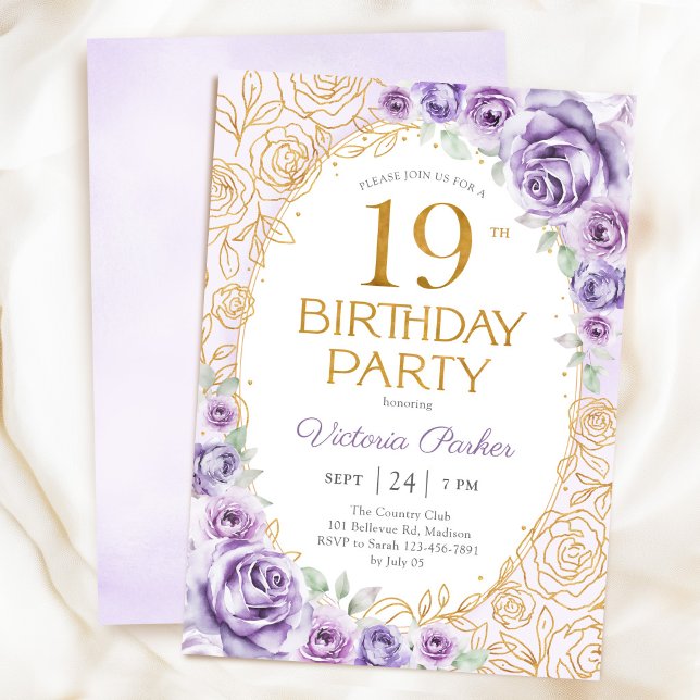 Invitation Fleurs 19e Anniversaire Lilas Violet Or (Créateur téléchargé)