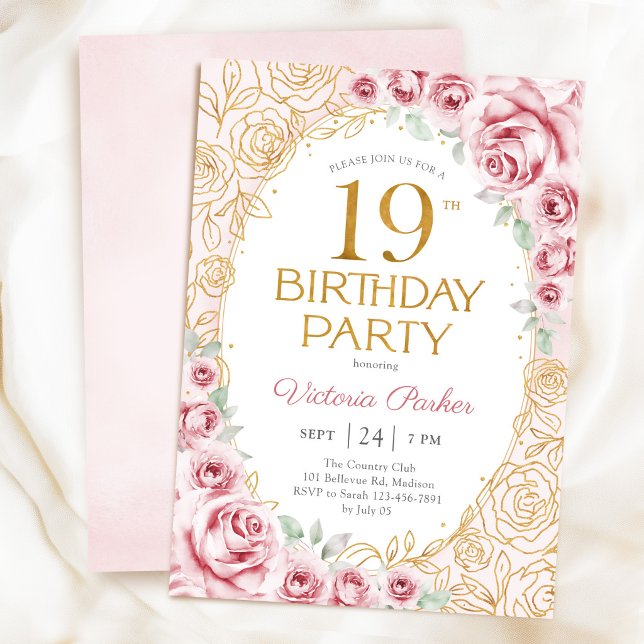 Invitation Fleurs 19e Anniversaire Rose Pâle Or (Créateur téléchargé)