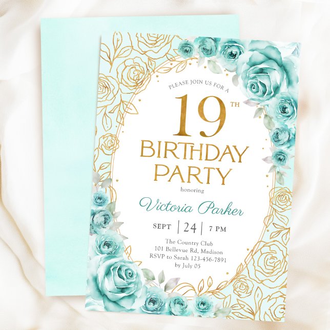 Invitation Fleurs 19e Anniversaire Turquoise Or (Créateur téléchargé)