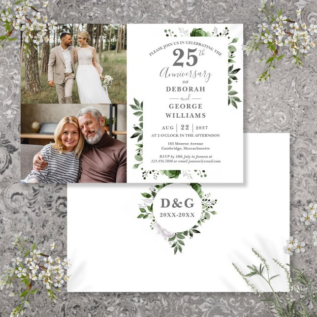 Invitation Fleurs 25e anniversaire de mariage Alors & Mainten (Floral 25th Wedding Anniversary Then & Now 2 Photo Invitation)