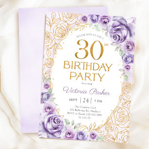 Invitation Fleurs 30 ans Anniversaire Lilas Violet Or