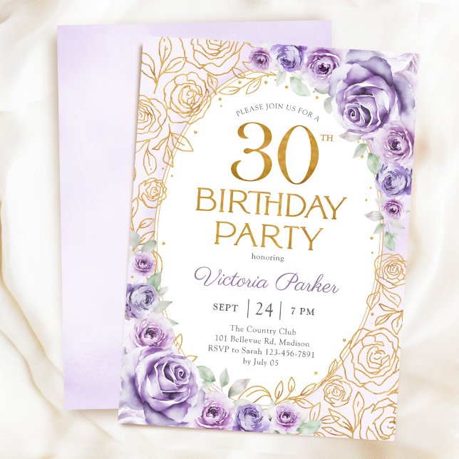 Invitation Fleurs 30 ans Anniversaire Lilas Violet Or (Créateur téléchargé)