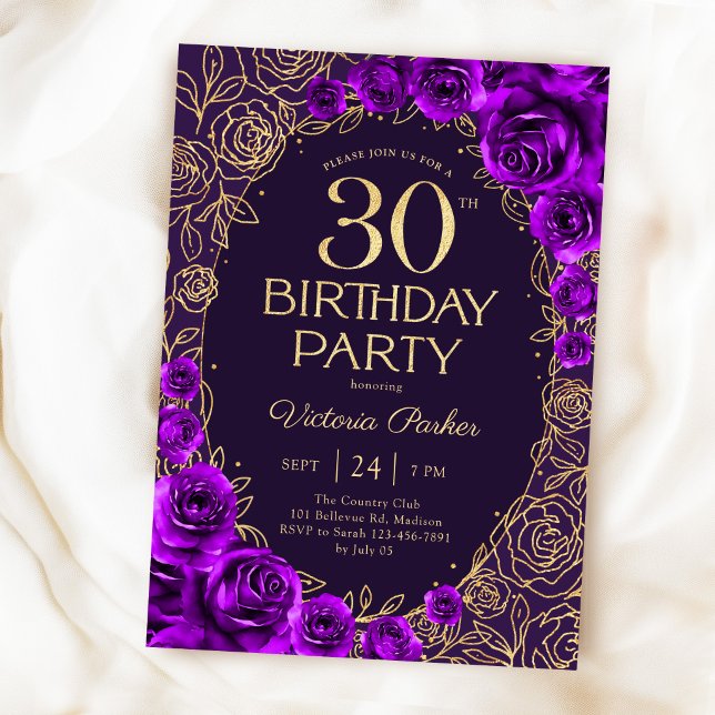 Invitation Fleurs 30 ans Anniversaire Violet Or (Créateur téléchargé)