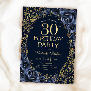 Invitation Fleurs 30e Anniversaire Bleu Nuit Or