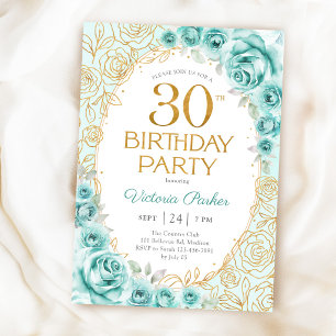 Invitation Fleurs 30e Anniversaire Turquoise Or