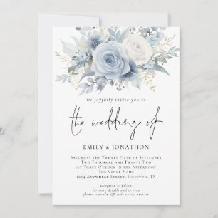 Invitation Fleurs 3 Photos Code QR Mariage Bleu Poussiéreux