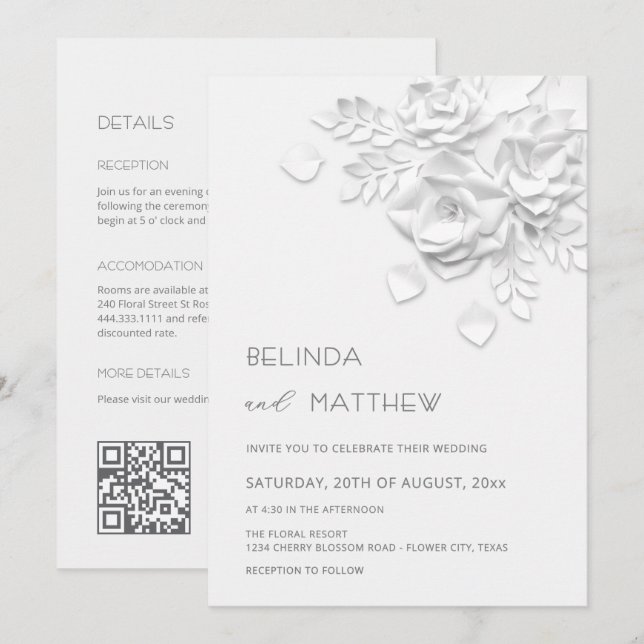 Invitation Fleurs 3D blanches Mariage décontracté tout-en-un  (Devant / Derrière)