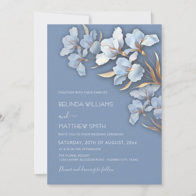 Invitation Fleurs 3D Bleu Or  (Devant)