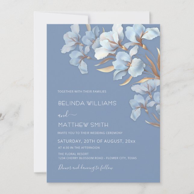 Invitation Fleurs 3D Bleu Or  (Devant)