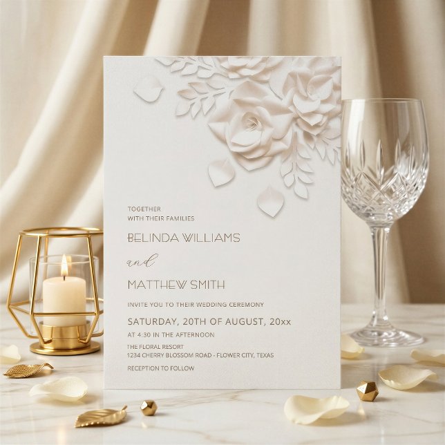 Invitation Fleurs 3D Crème Roses Mariage Simple (Créateur téléchargé)