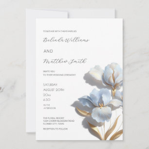 Invitation Fleurs 3D Or Bleu Blanc