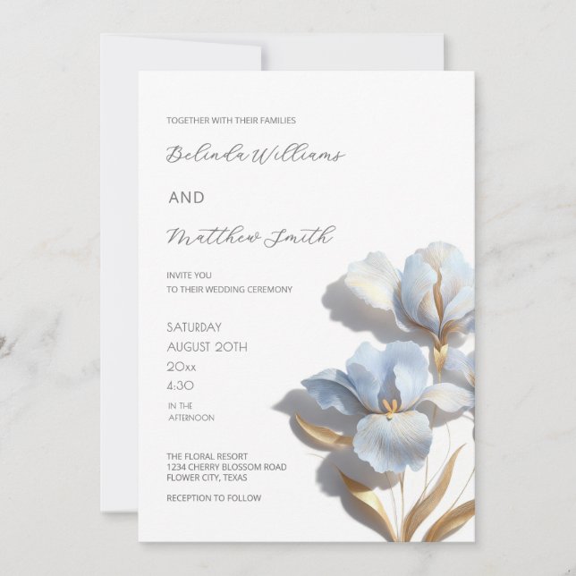 Invitation Fleurs 3D Or Bleu Blanc (Devant)