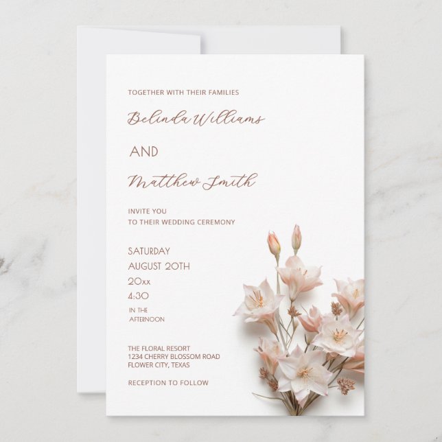 Invitation Fleurs 3D Rose Pâle Blanc (Devant)