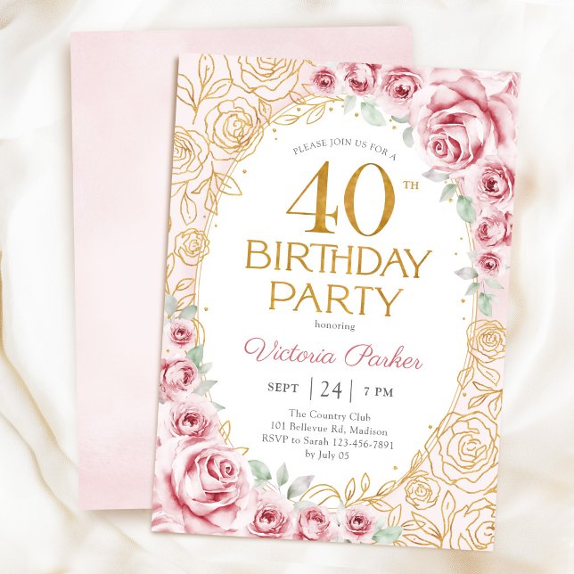 Invitation Fleurs 40e Anniversaire Rose Pâle Or (Créateur téléchargé)