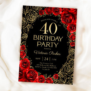 Invitation Fleurs 40e anniversaire Rouge Noir Or