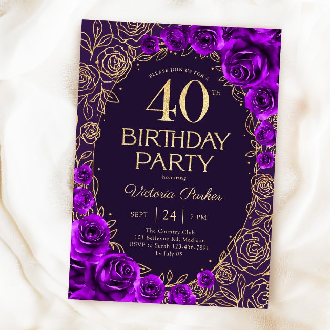 Invitation Fleurs 40e Anniversaire Violet Or (Créateur téléchargé)