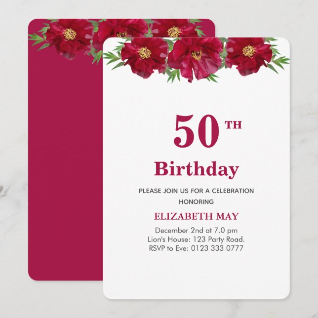 Invitation Fleurs 50 ans, 60 ans Anniversaire sur Bordeaux &  (Devant / Derrière)