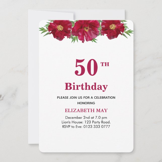 Invitation Fleurs 50 ans, 60 ans Anniversaire sur Bourgogne & (Devant)