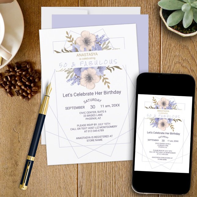 Invitation Fleurs 50 et Fabuleuse Rose de Pêche Violette Anni (This template birthday invitation can be ordered as a printed product and / or downloadable.)