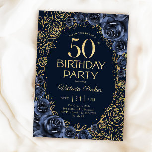 Invitation Fleurs 50e Anniversaire Bleu Nuit Or