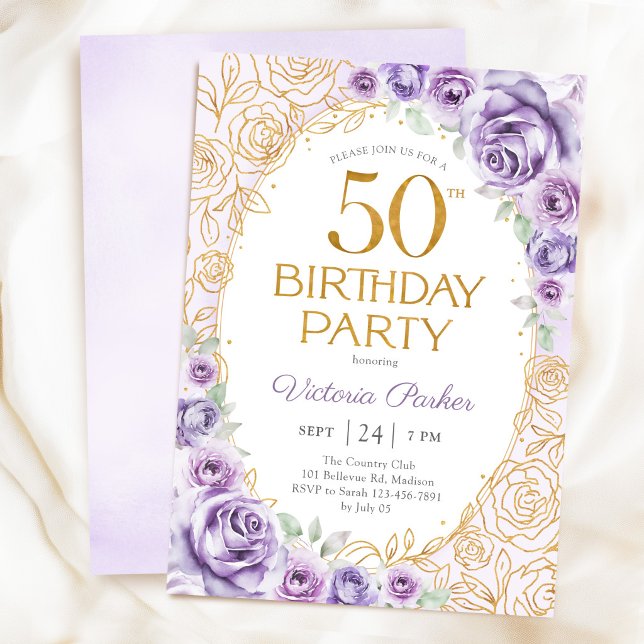 Invitation Fleurs 50e Anniversaire Lilas Violet Or (Créateur téléchargé)