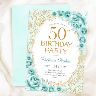 Invitation Fleurs 50e Anniversaire Turquoise Or