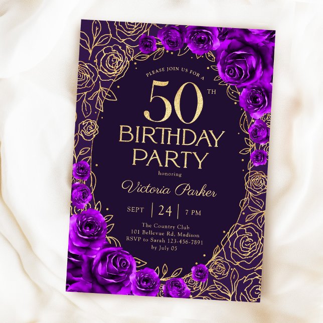 Invitation Fleurs 50e Anniversaire Violet Or (Créateur téléchargé)