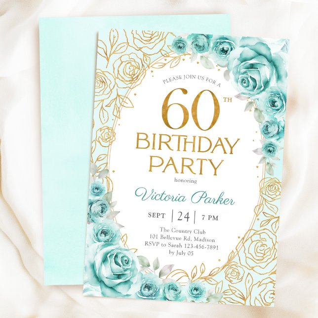 Invitation Fleurs 60 ans Turquoise Or (Créateur téléchargé)