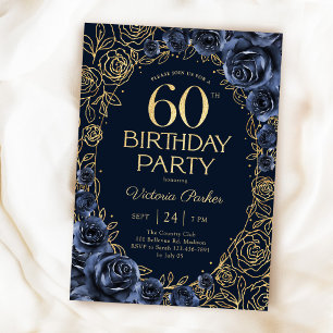 Invitation Fleurs 60e Anniversaire Bleu Nuit Or