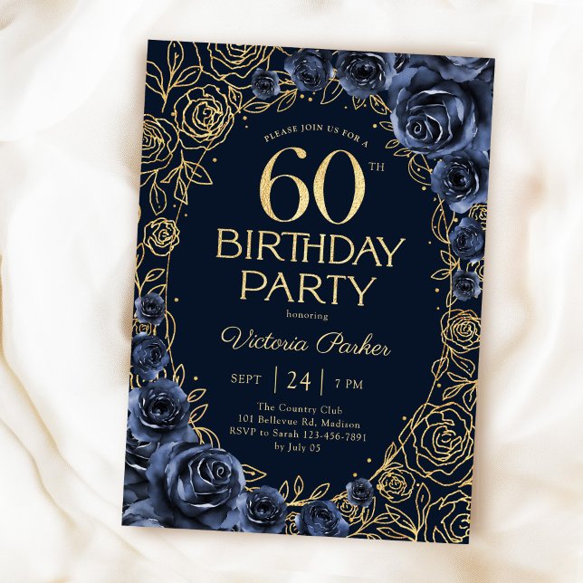Invitation Fleurs 60e Anniversaire Bleu Nuit Or (Créateur téléchargé)