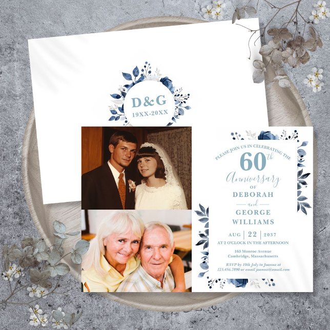Invitation Fleurs 60e anniversaire de mariage Alors & Mainten (Floral 60th Wedding Anniversary Then & Now 2 Photo Invitation)