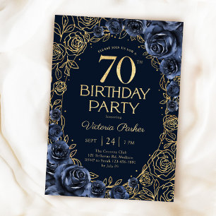 Invitation Fleurs 70e Anniversaire Bleu Nuit Or