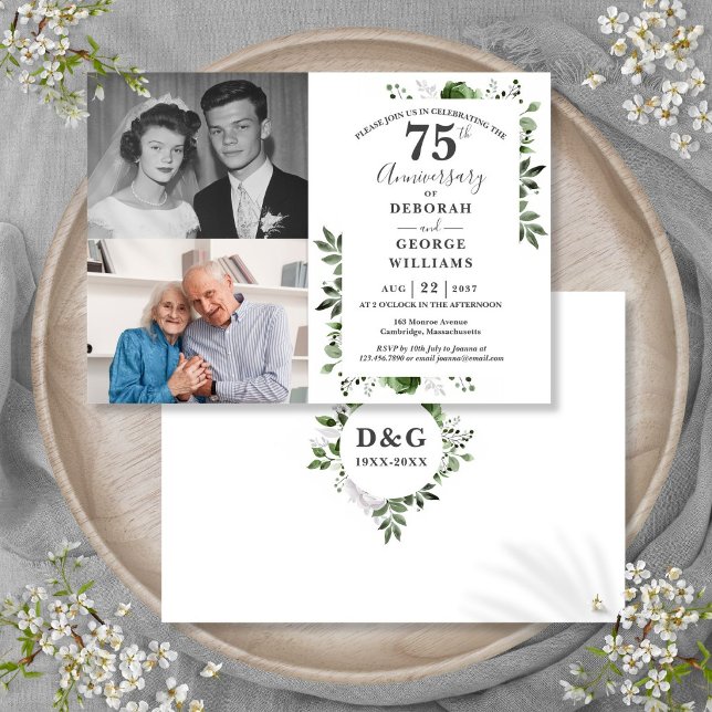 Invitation Fleurs 75e anniversaire de mariage Alors & Mainten (Floral 75th Wedding Anniversary Then & Now 2 Photo Invitation)