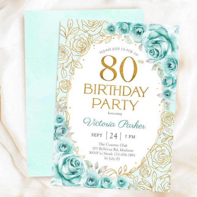 Invitation Fleurs 80e Anniversaire Turquoise Or (Créateur téléchargé)