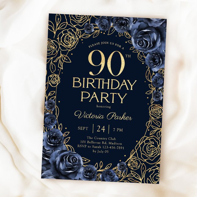 Invitation Fleurs 90e Anniversaire Bleu Nuit Or (Créateur téléchargé)