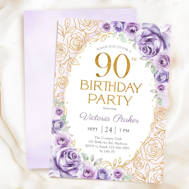 Invitation Fleurs 90e Anniversaire Lilas Violet Or (Créateur téléchargé)