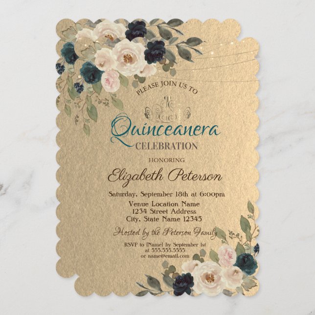 Invitation Fleurs à cordes Kraft Quinceañera (Devant / Derrière)