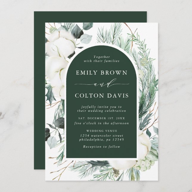 Invitation Fleurs à feuillage persistant et coton Élégant Mar (Devant / Derrière)