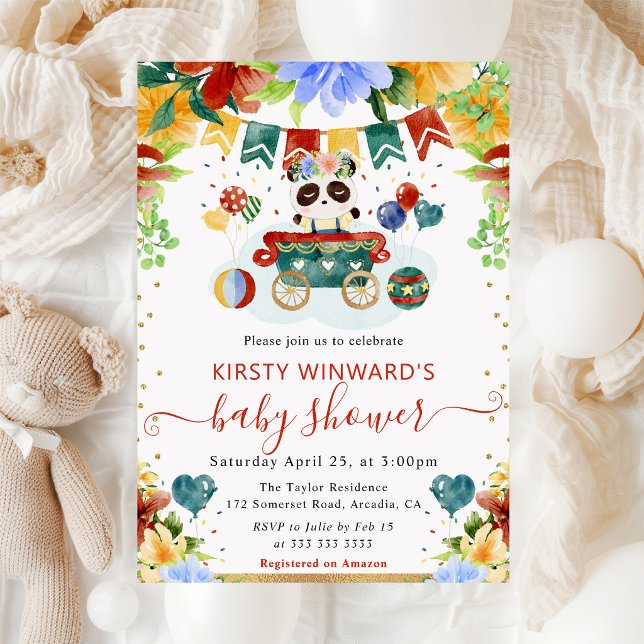 Invitation Fleurs à l'aquarelle Baby Shower Panda (Créateur téléchargé)