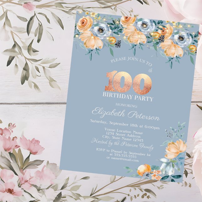 Invitation Fleurs à l'aquarelle Bleu Poussiéreux 100e Anniver (Créateur téléchargé)